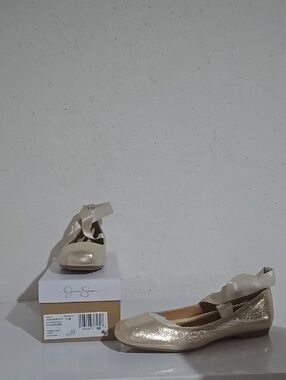 Jessica Simpson JS- Mandalaye Champagne Metallic Ballet Flats with  Cross Tie